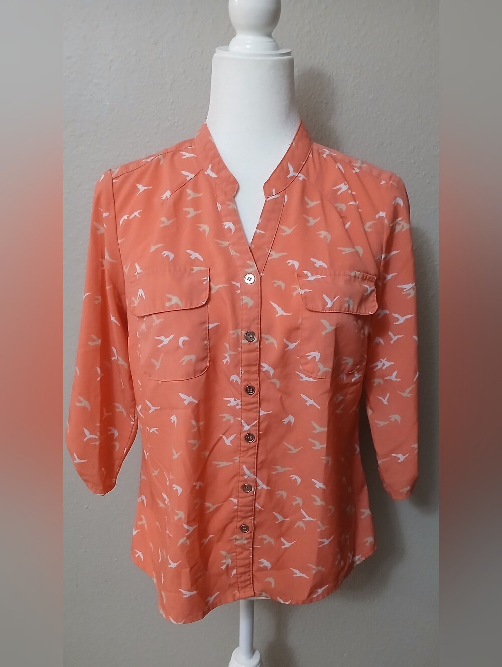 Notations Petite Medium Coral Pink Bird Print Button Down Blouse PM